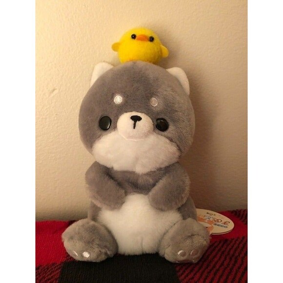 YELL Mametopiyo Grey Shiba Dog with Baby Chick Plush 7.5" Japan Import NWT - Picture 1 of 9